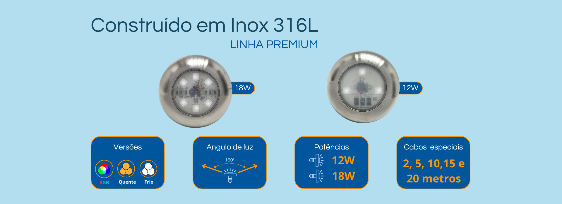 Refletor inox para piscina, sap e hidromassagem.