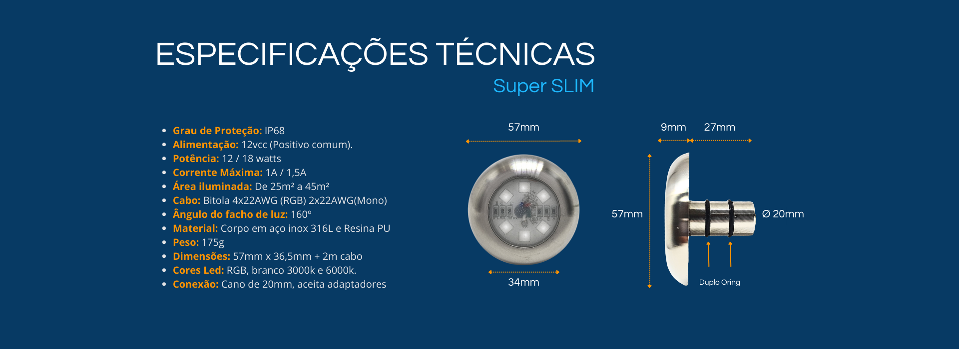 Refletor inox para piscina, sap e hidromassagem.